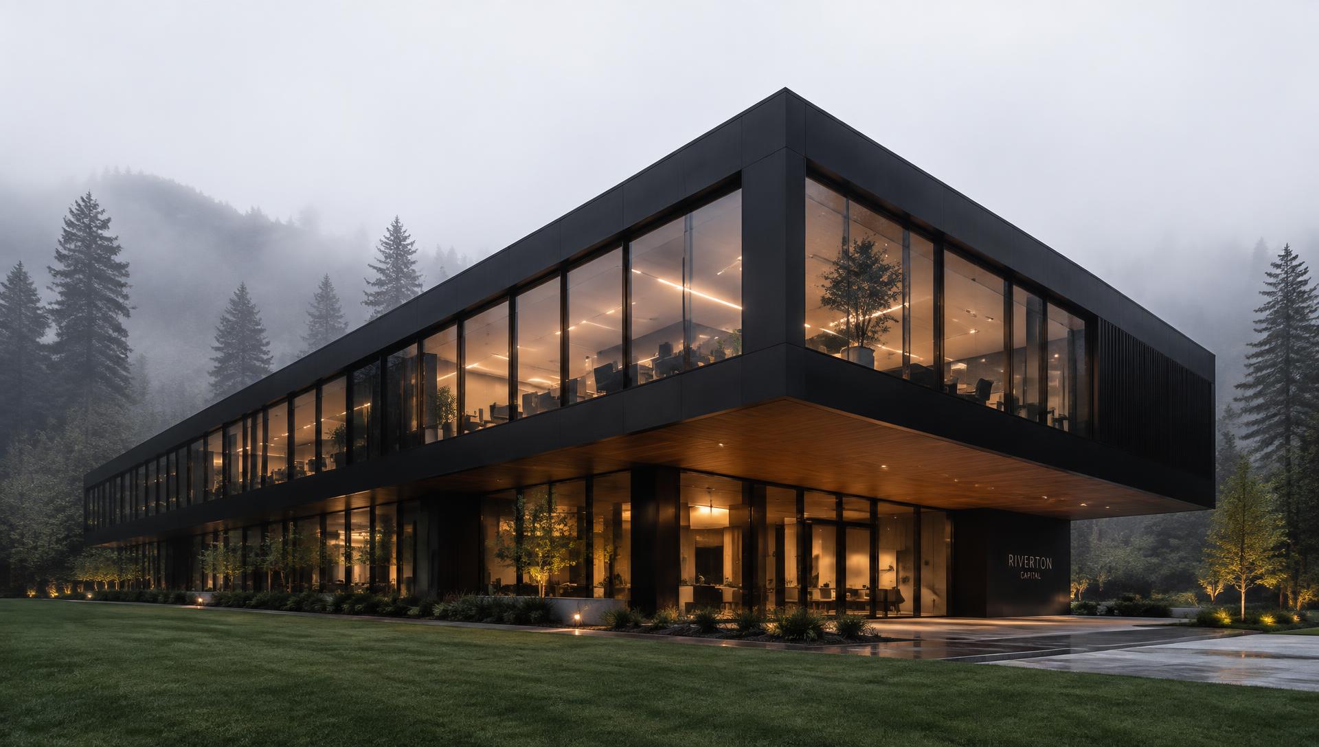Dark modern office building with glowing windows among misty pine trees